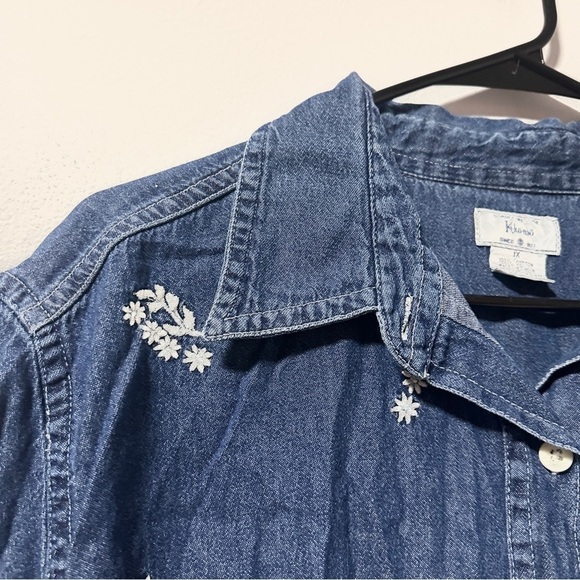 Vintage 90s Floral Embroidered Chambray Shirt Short Sleeve Women’s Plus Size 1X - Picture 3 of 14